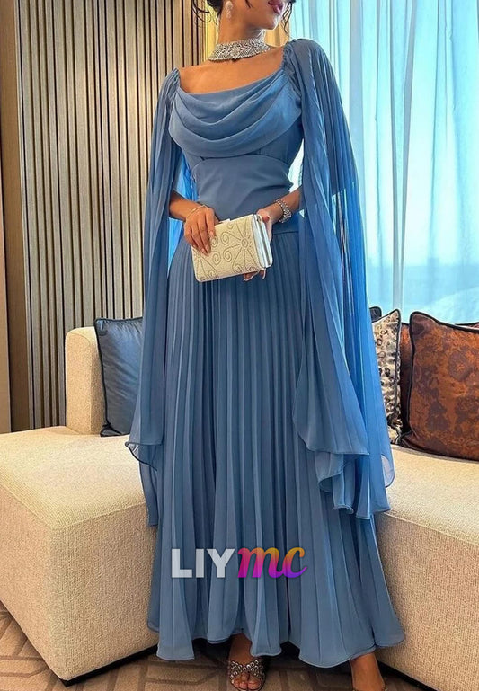 Scoop Long Sleeves Pleated Wedding Guest Dress A-Line Formal Dress