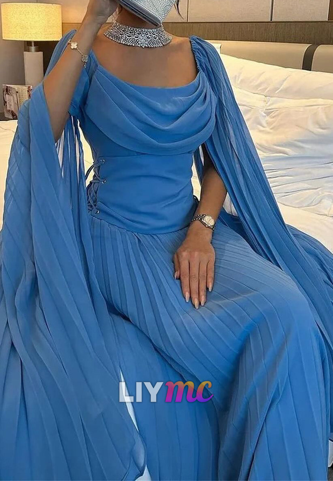 Scoop Long Sleeves Pleated Wedding Guest Dress A-Line Formal Dress