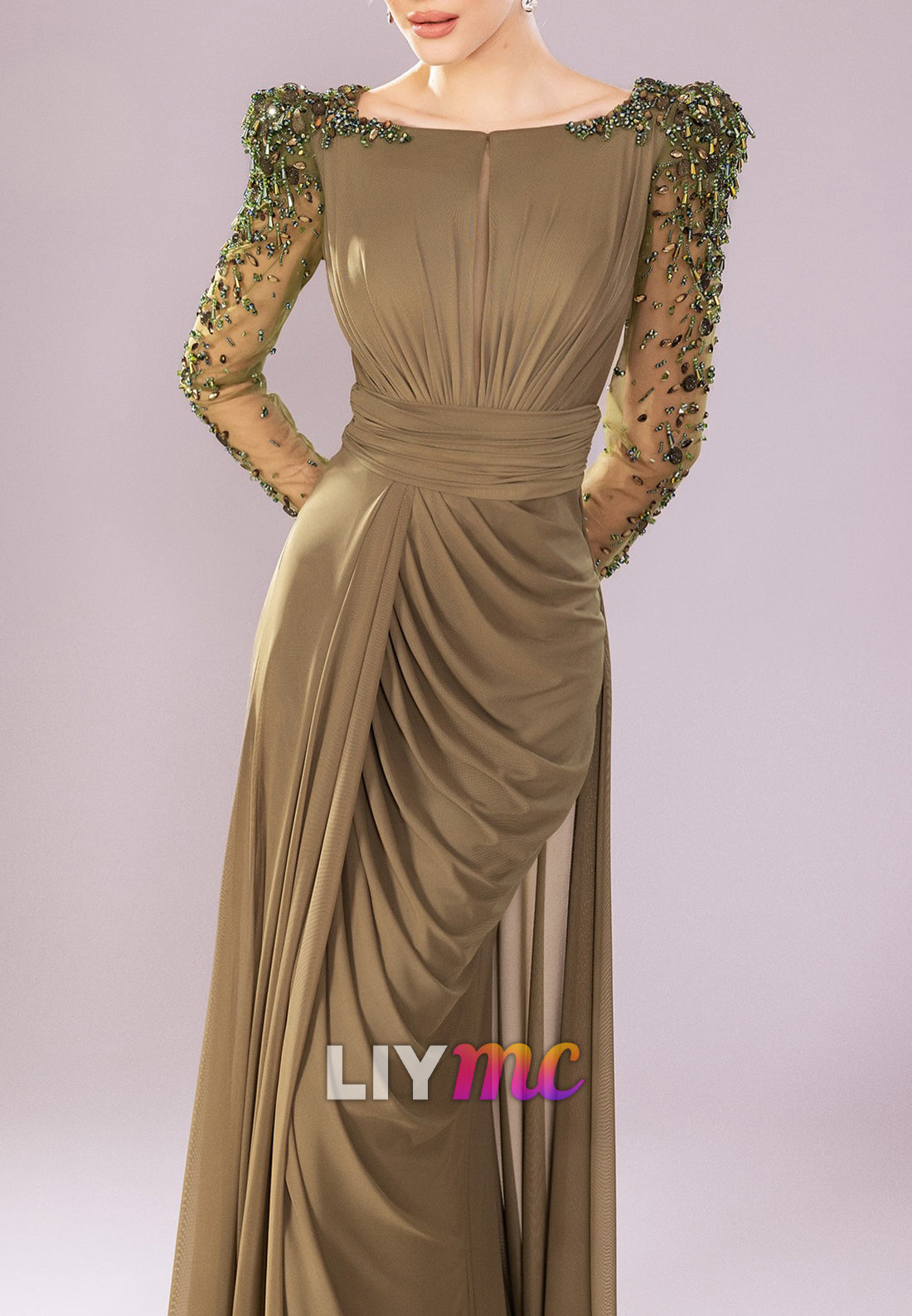 Scoop Long Sleeves Ruched Beaded Sheath Evening Dress