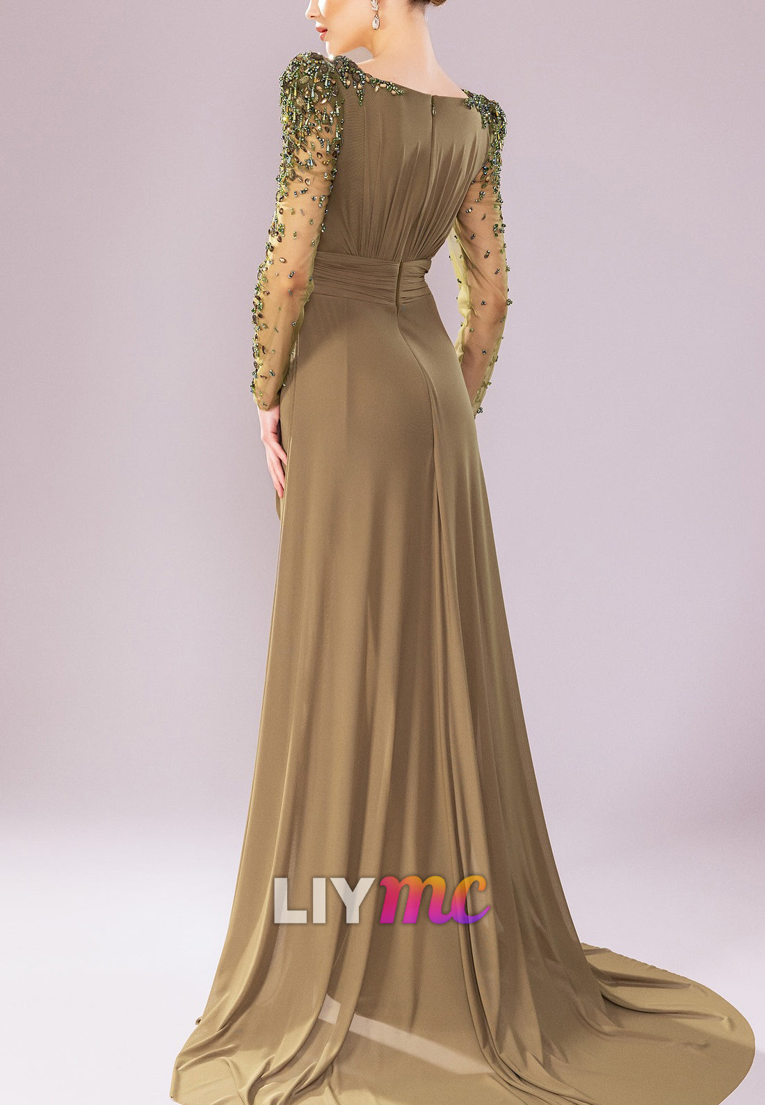 Scoop Long Sleeves Ruched Beaded Sheath Evening Dress