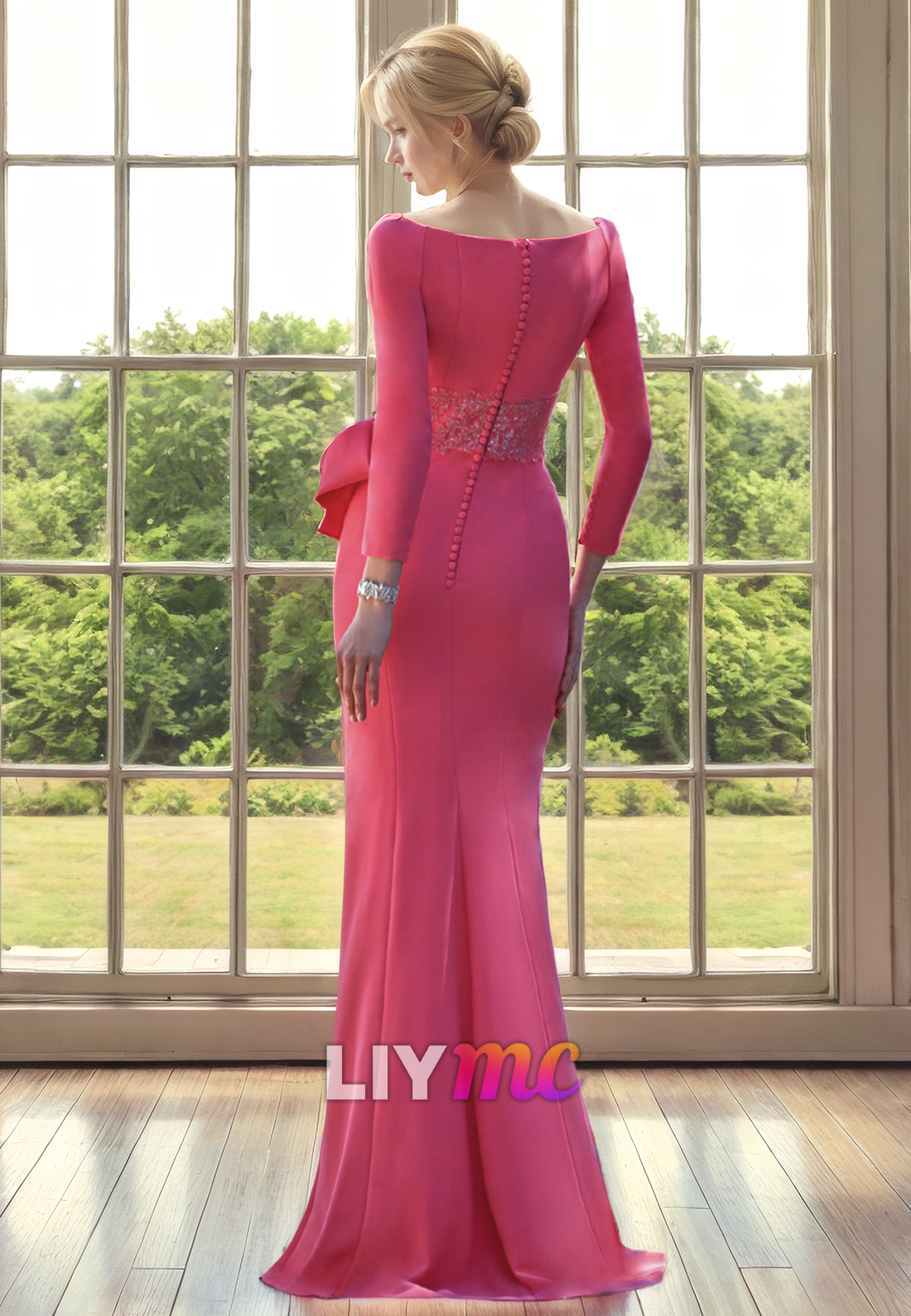 Scoop Long Sleeves Ruffled Side Slit Sheath Mother of Bride Dress Cocktail Dress