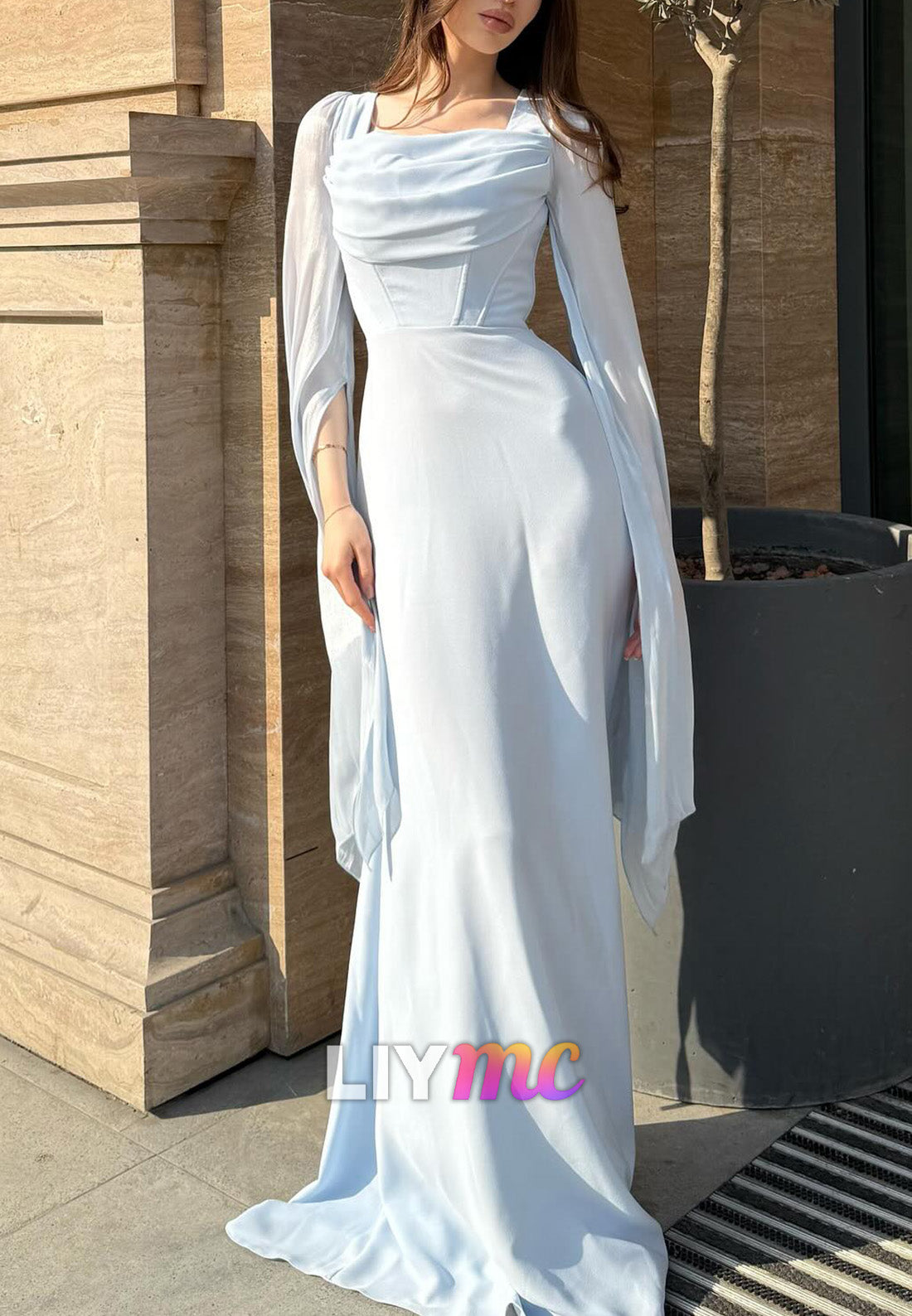 Scoop Long Sleeves Sheath Formal Dress Wedding Guest Dress