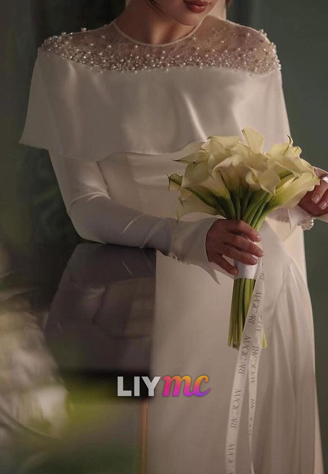 Scoop Long Sleeves Sleek Beaded A-Line Wedding Dress