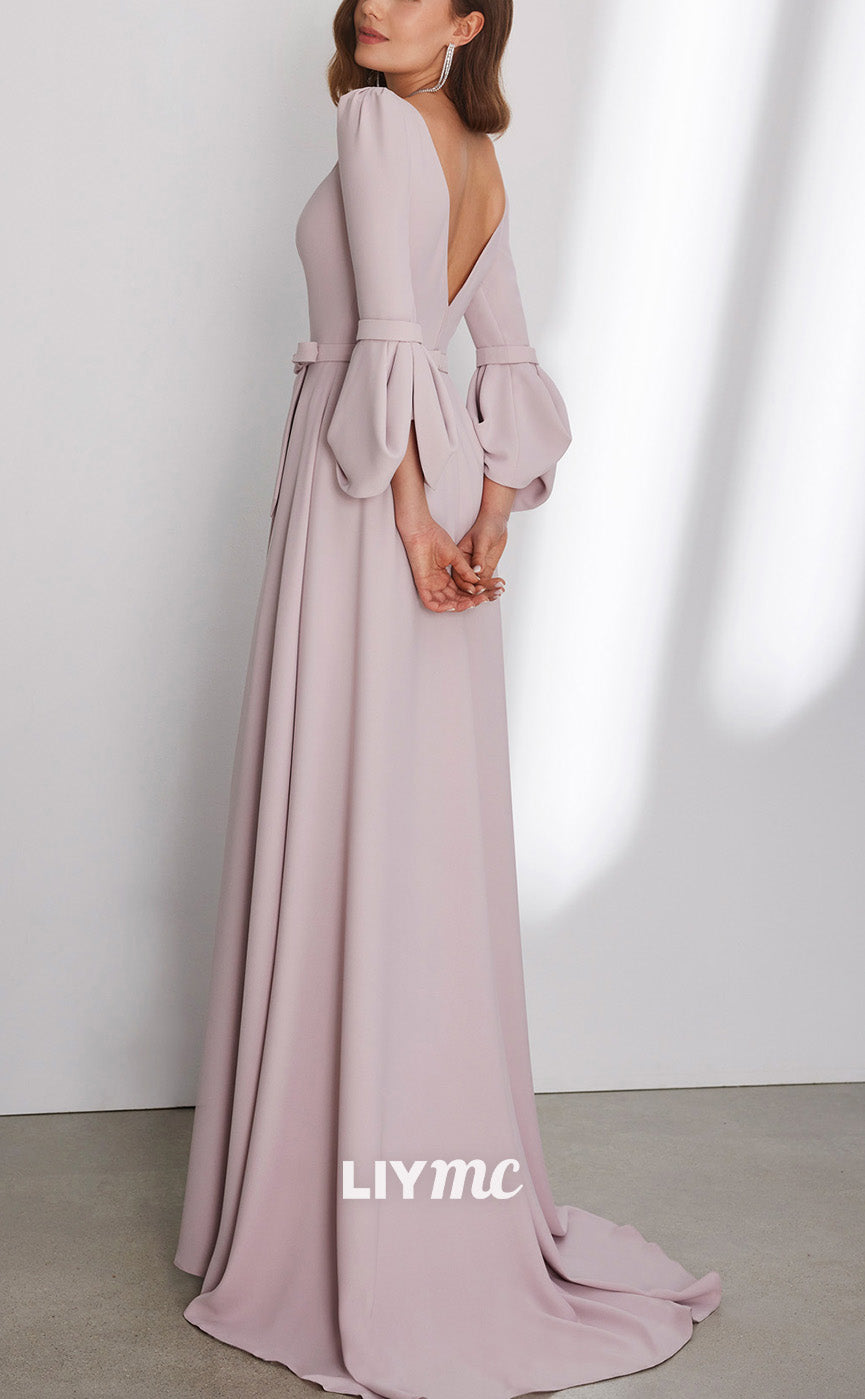 M1268 - Scoop Long Sleeves Sleek Chiffon Pleated Mother of Bride Dress Cocktail Dress