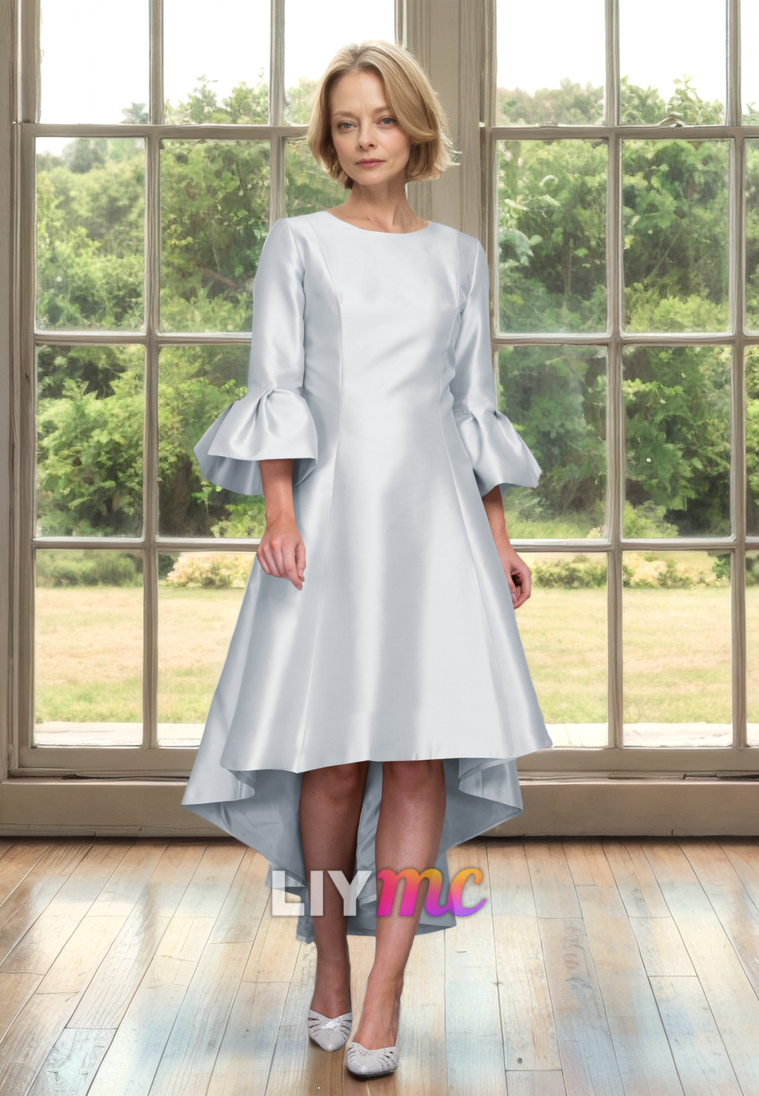 Scoop Long Sleeves Sleek Satin High Low A-Line Mother of Bride Dress