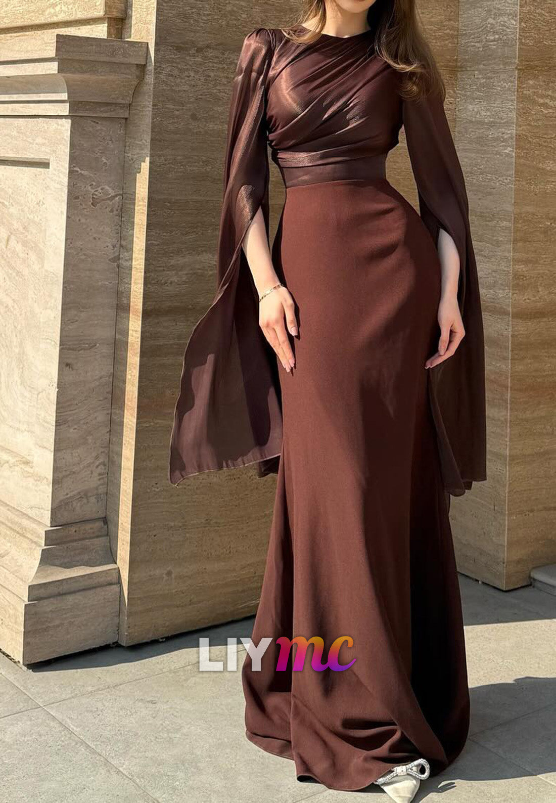 Scoop Long Sleeves Sleek Sheath Formal Dress Wedding Guest Dress