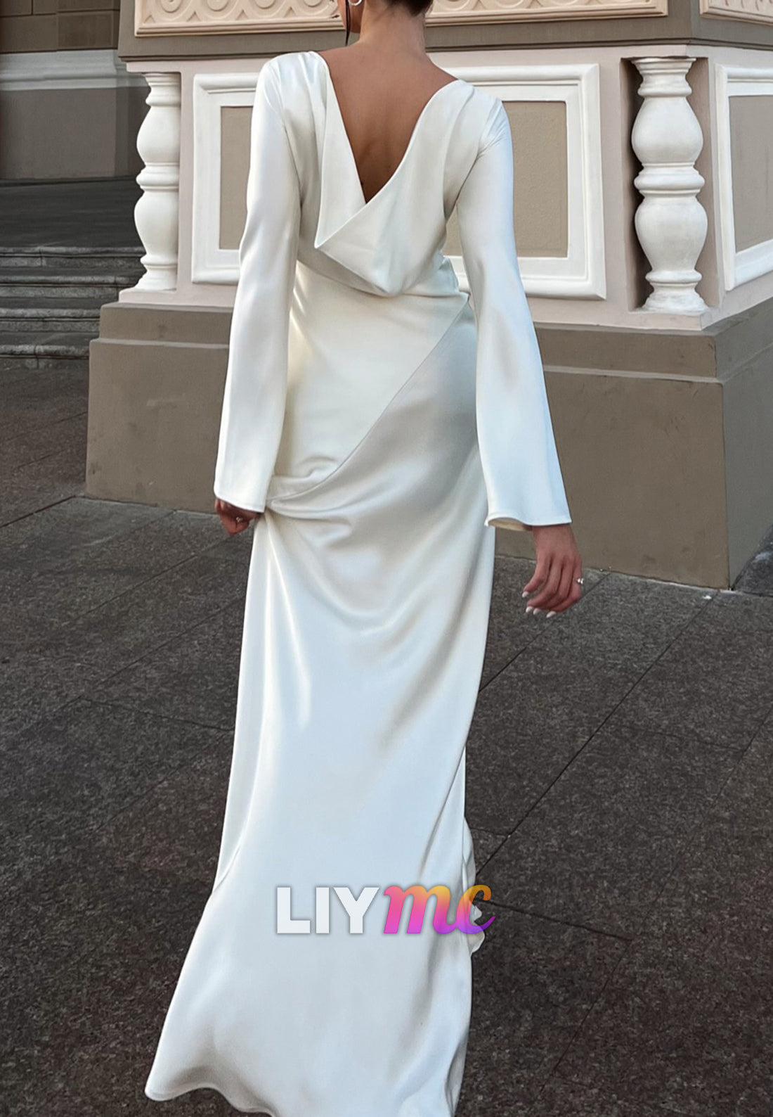 Scoop Long Sleeves Sleek Side Slit Sheath Wedding Dress