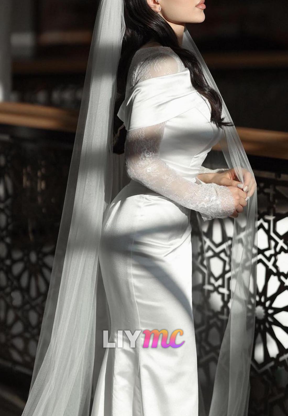 Scoop Long Sleevess Lace Appliques Mermaid Wedding Dress
