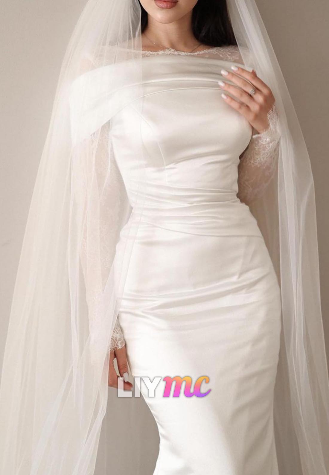 Scoop Long Sleevess Lace Appliques Mermaid Wedding Dress