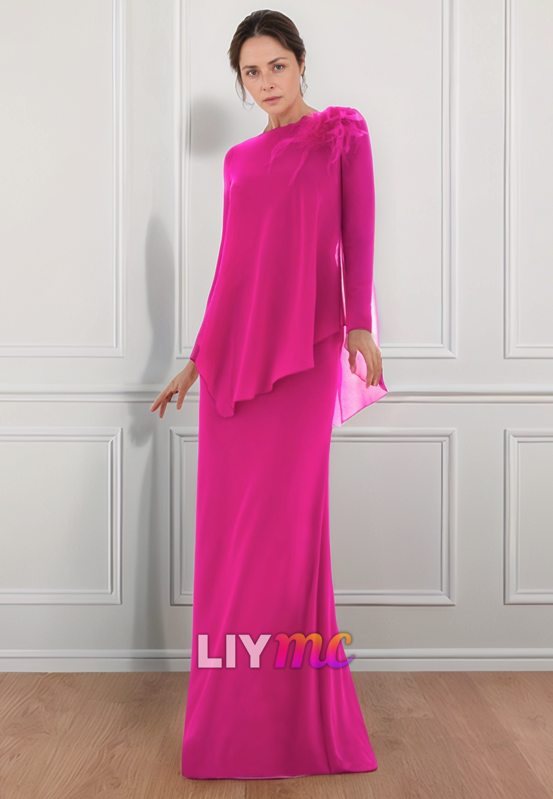 Scoop Long Sleevs Chiffon Sheath Mother of Bride Dress