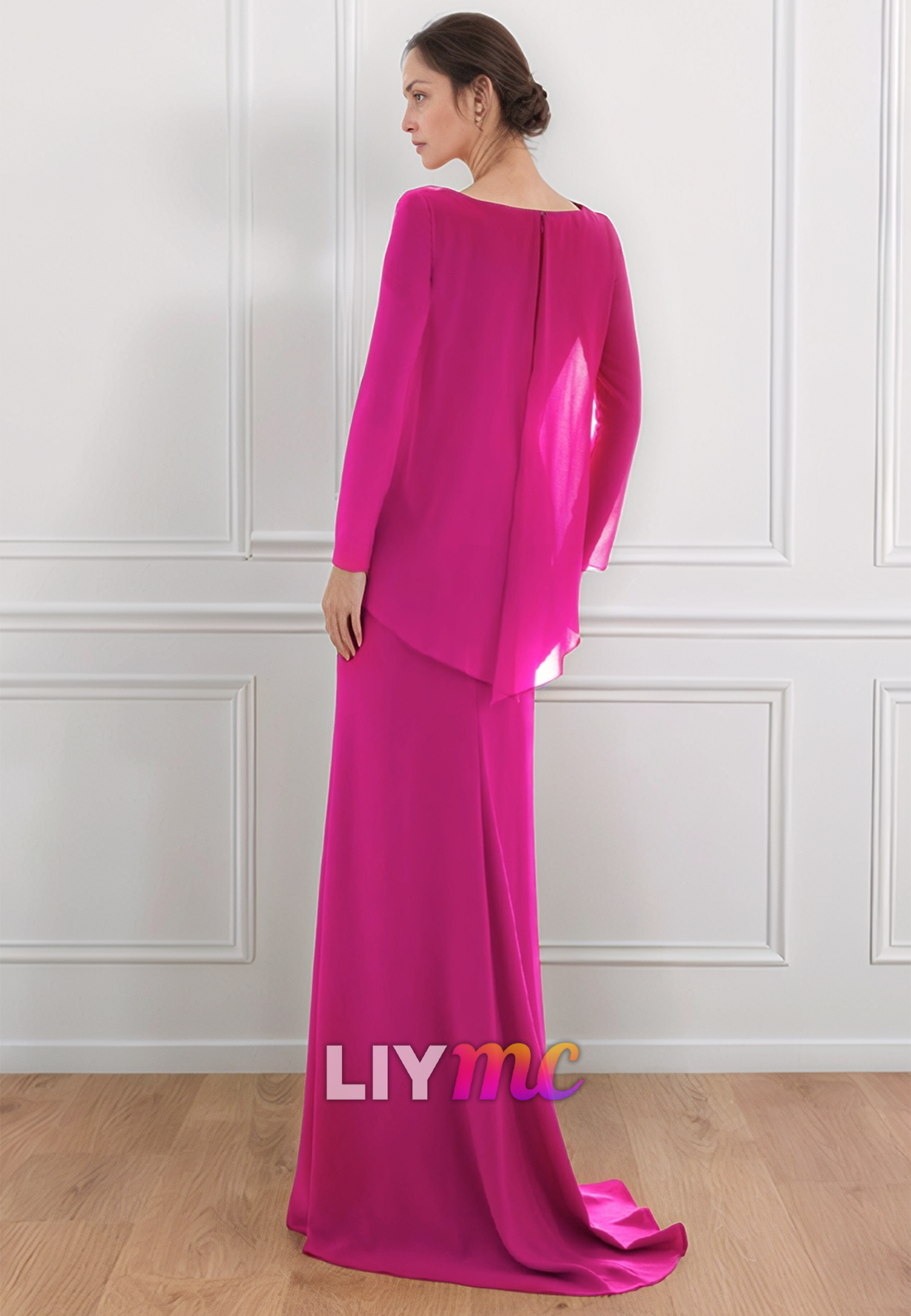 Scoop Long Sleevs Chiffon Sheath Mother of Bride Dress