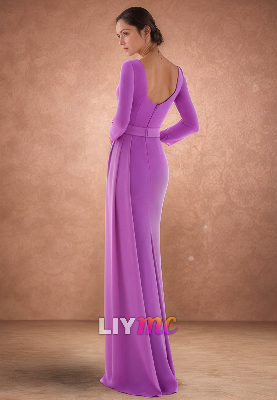 Scoop Long Sleevs Pleated Mermaid Mother of Bride Dress