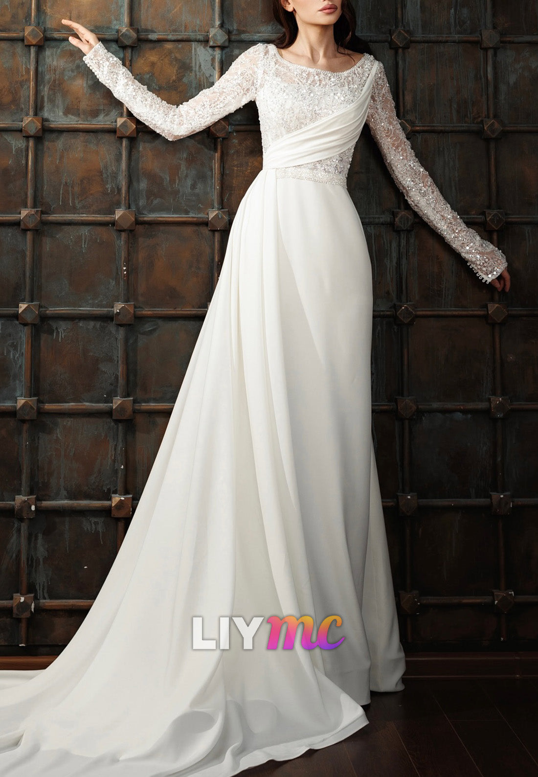 Scoop Long Slevees Beaded Embroidery A-Line Satin Wedding Dress