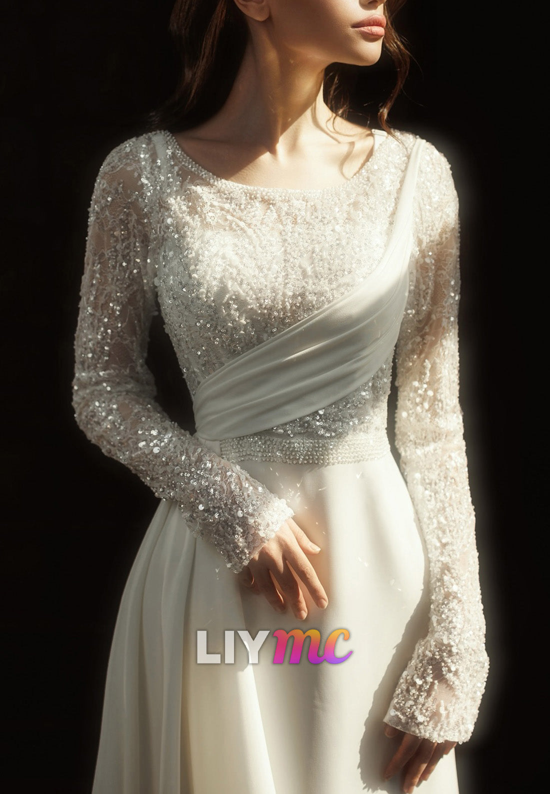 Scoop Long Slevees Beaded Embroidery A-Line Satin Wedding Dress