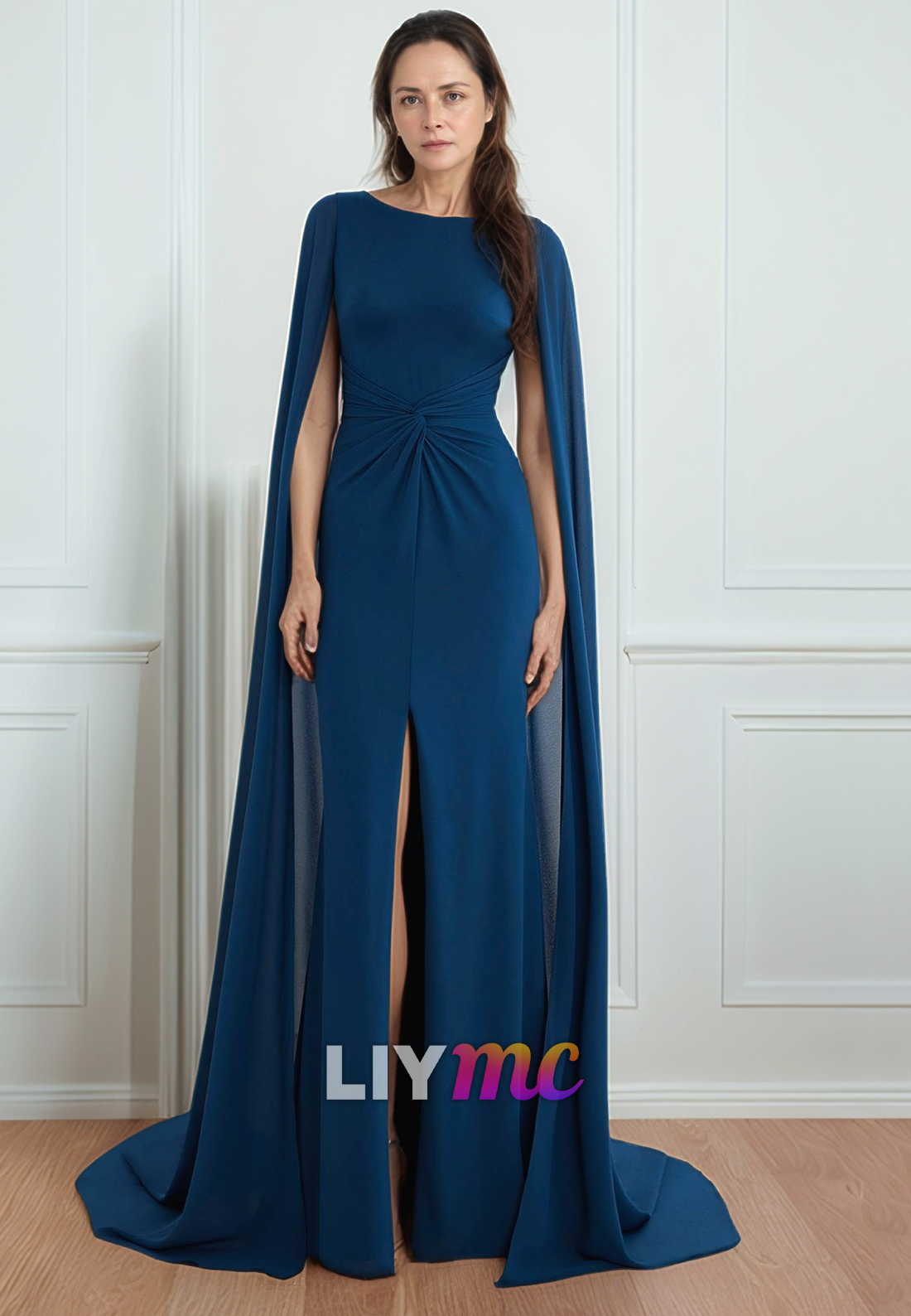 Scoop Open Back Long Sleeves Mother of Bride Dress Ruched Sheath Eveni Liymc Scoop Open Back Long Sleeves Mother of Bride Dress Ruched Sheath Eveni Liymc