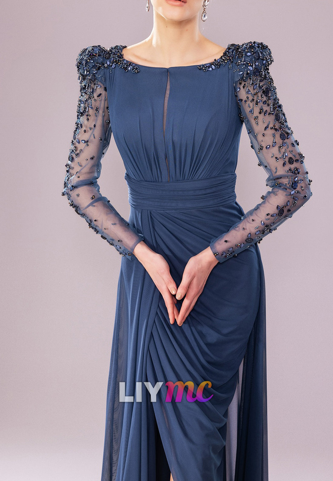 Scoop Pleated Long Sleeves Beaded Sheath Evening Dress