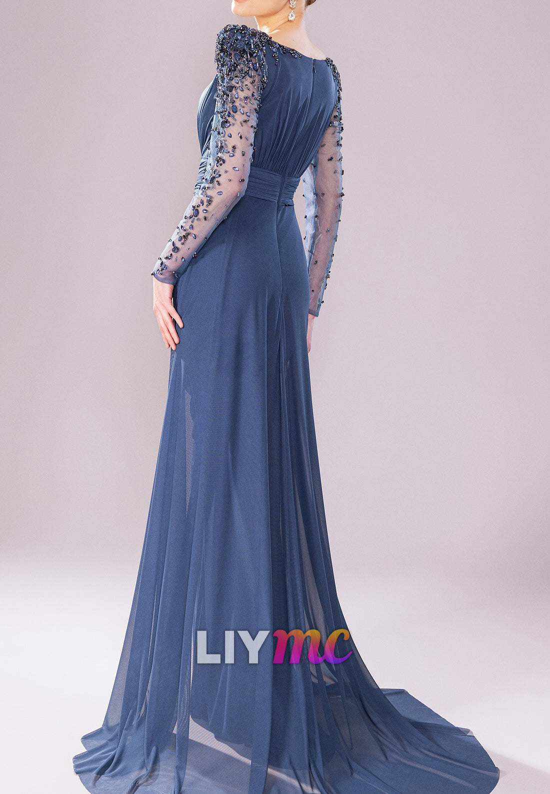 Scoop Pleated Long Sleeves Beaded Sheath Evening Dress