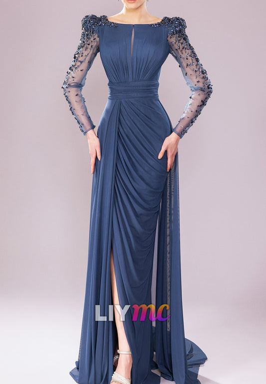 Scoop Pleated Long Sleeves Beaded Sheath Evening Dress