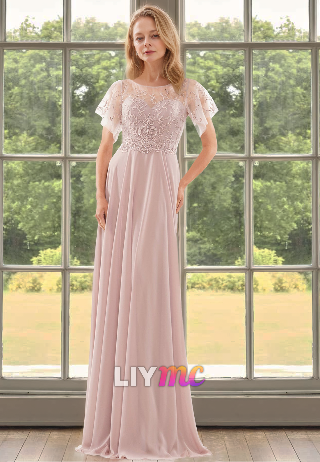 Scoop Short Sleeeves Appliques Chiffon A-Line Mother of Bride Dress