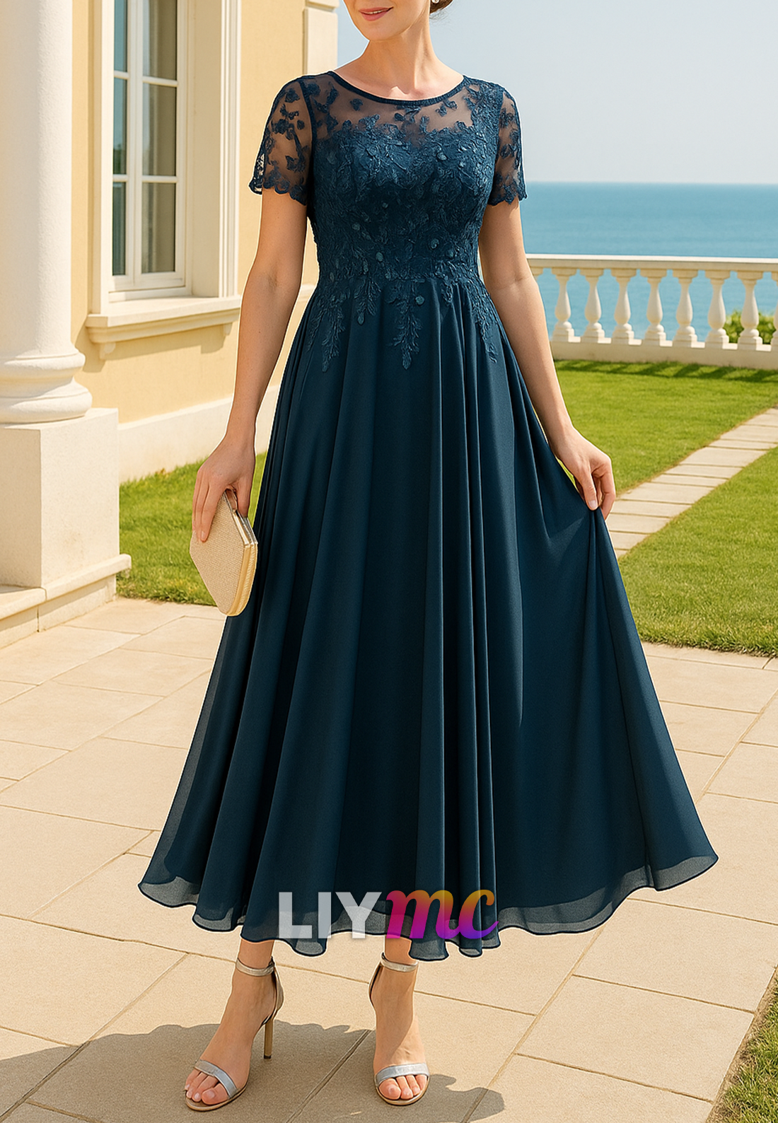 Scoop Short Sleeves Appliques Chiffon A-Line Mother of Bride Dress