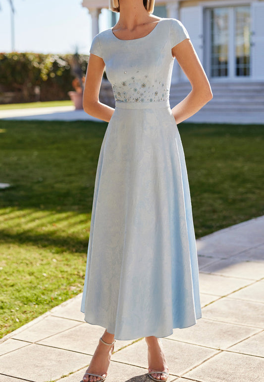Scoop Short Sleeves Beaded A-Line Sky Blue Mother of Bride Dress