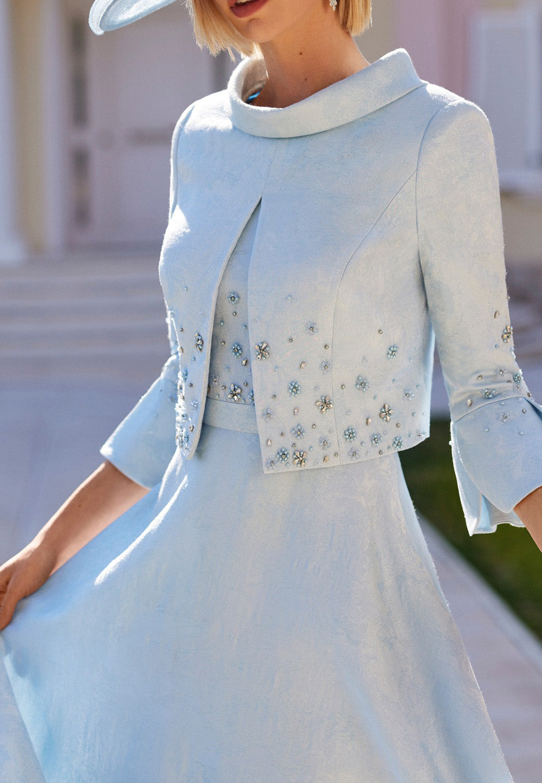 Scoop Short Sleeves Beaded A-Line Sky Blue Mother of Bride Dress