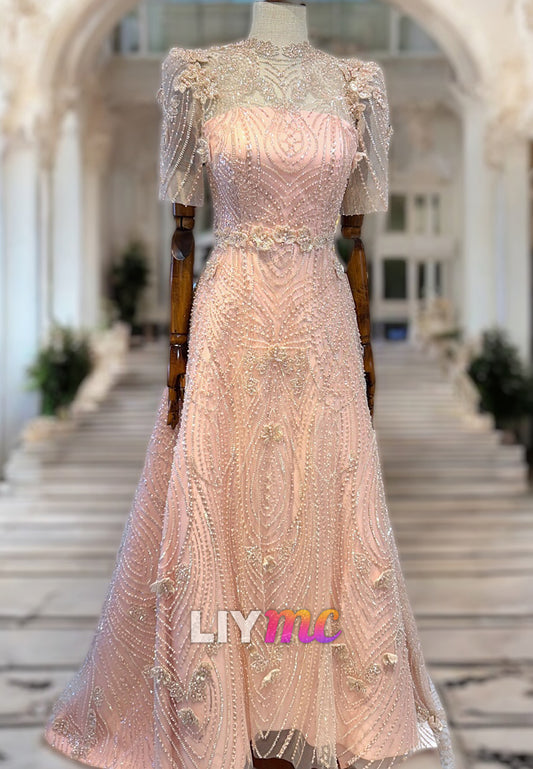 Scoop Short Sleeves Beaded Embroidery A-Line Prom Dress