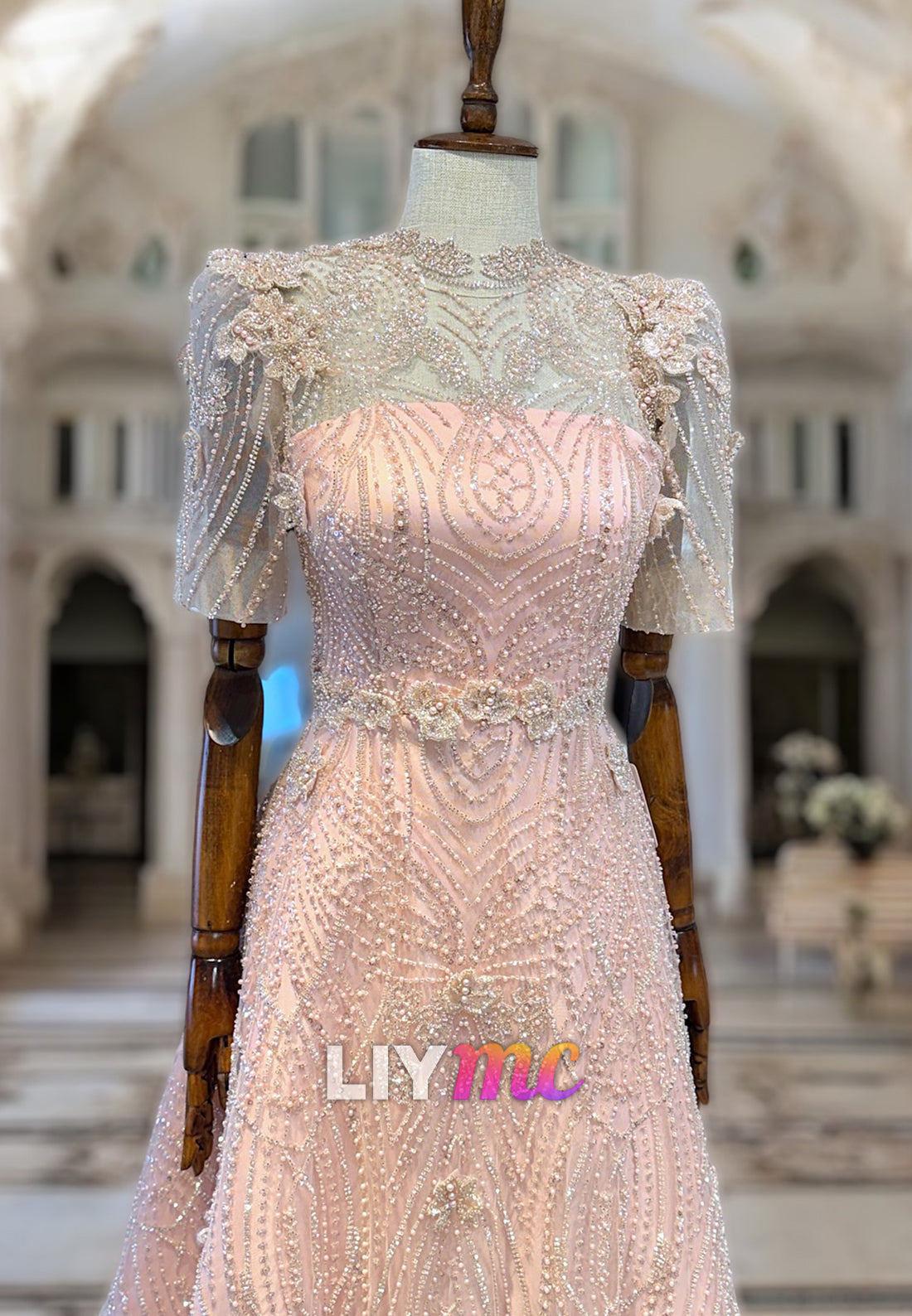 Scoop Short Sleeves Beaded Embroidery A-Line Prom Dress