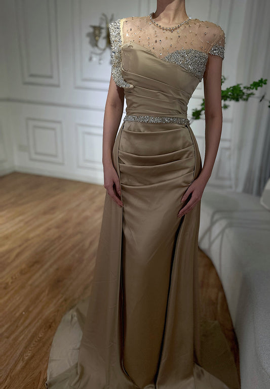 Scoop Short Sleeves Beading Pleated Sheath Evening Dress