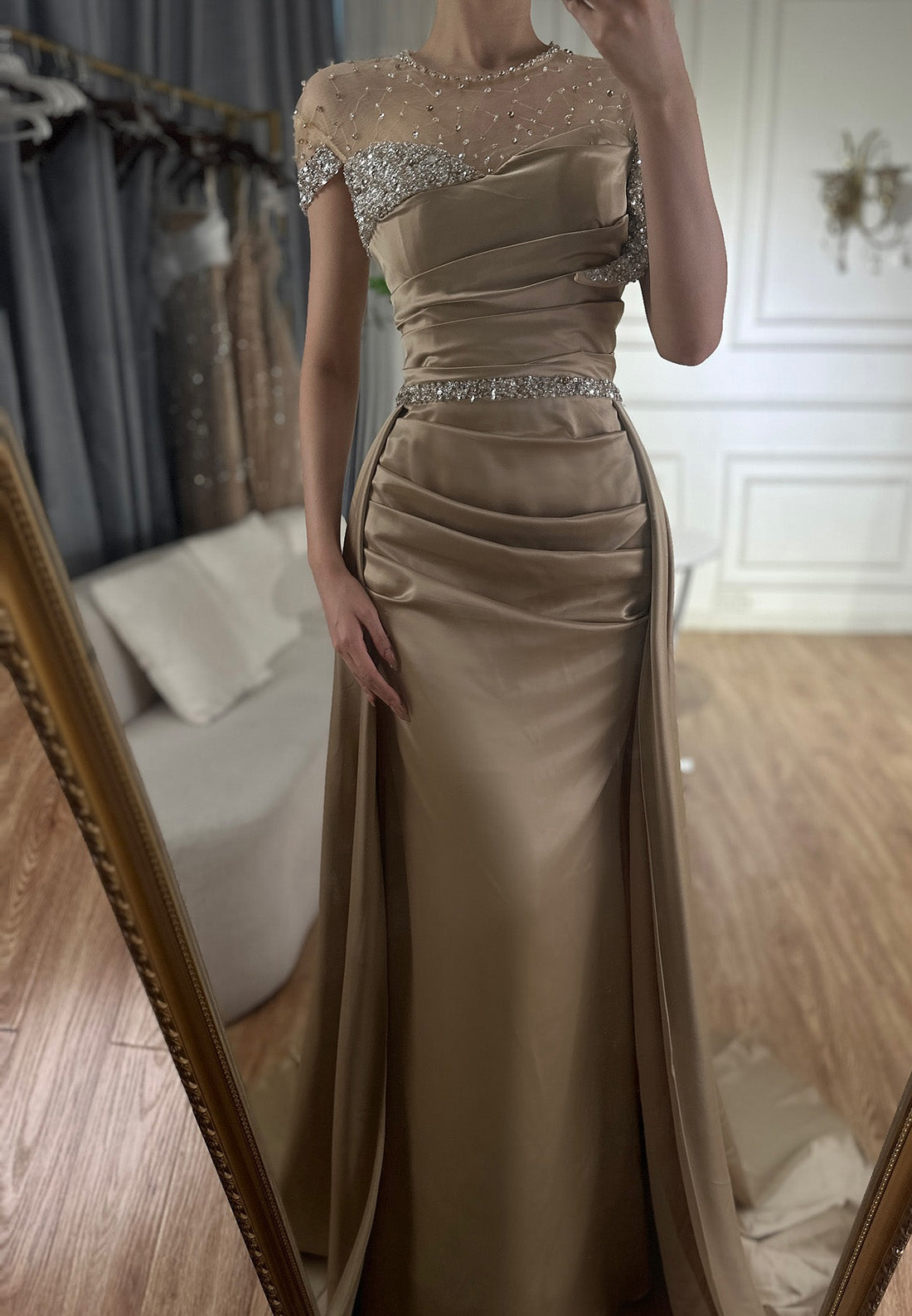 Scoop Short Sleeves Beading Pleated Sheath Evening Dress