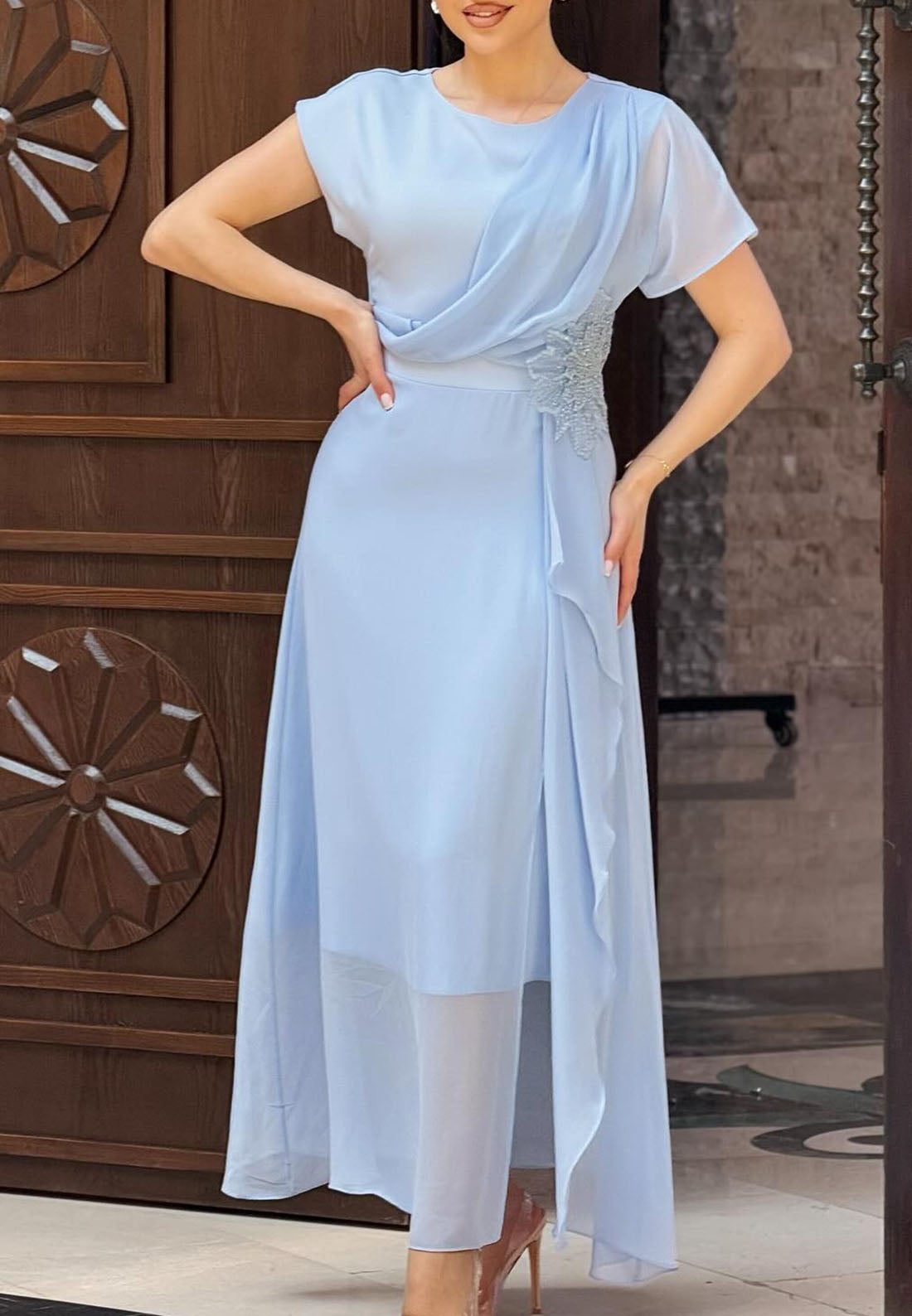 Scoop Short Sleeves Chiffon Sheath Mother of Bride Dress
