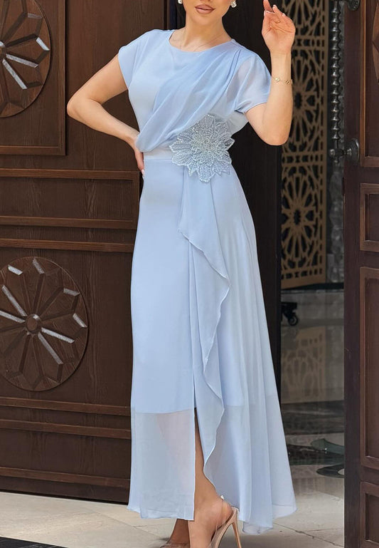Scoop Short Sleeves Chiffon Sheath Mother of Bride Dress