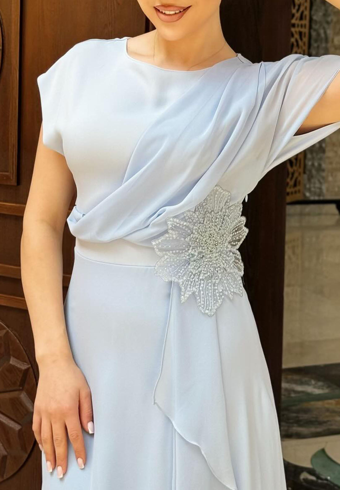 Scoop Short Sleeves Chiffon Sheath Mother of Bride Dress