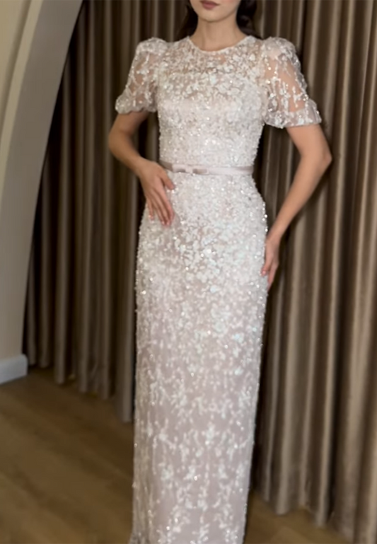 Scoop Short Sleeves Floral Appliques Sheath Evening Dress