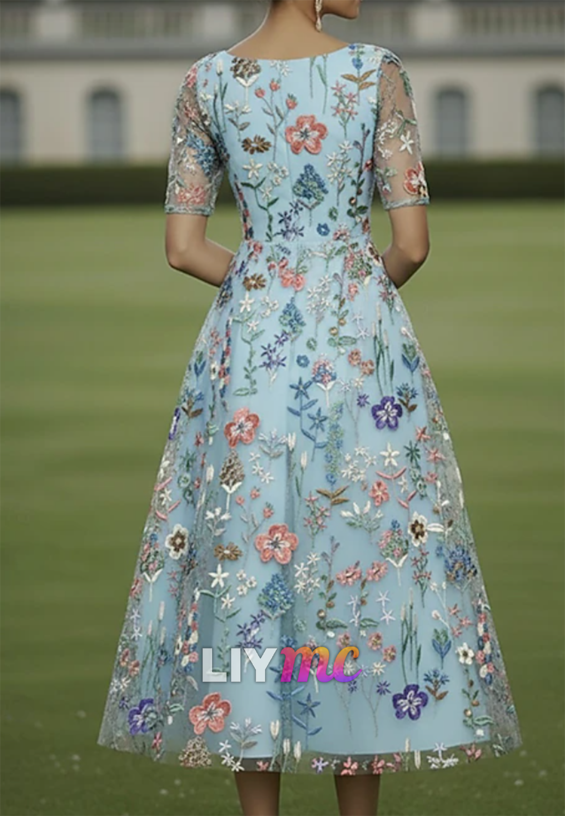 Scoop Short Sleeves Floral Printed A-Line Mother of Bride Dress