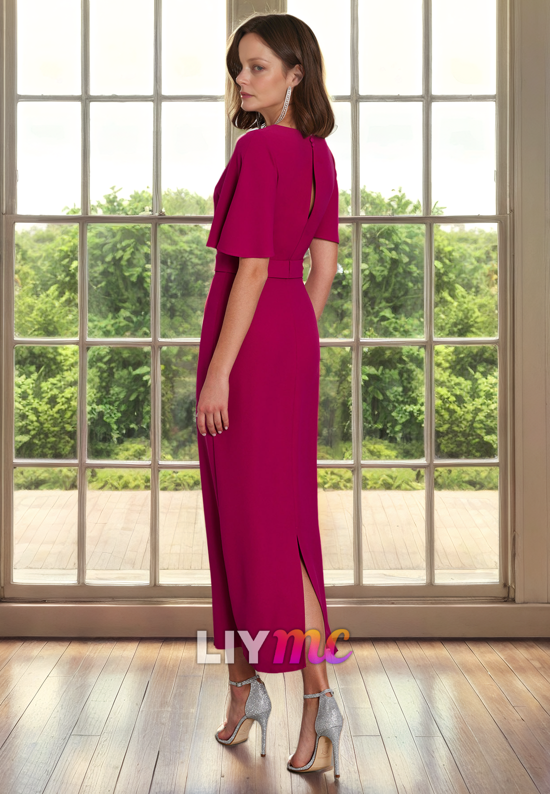 Scoop Short Sleeves Sheath Mother of Bride Dress Cocktail Dress