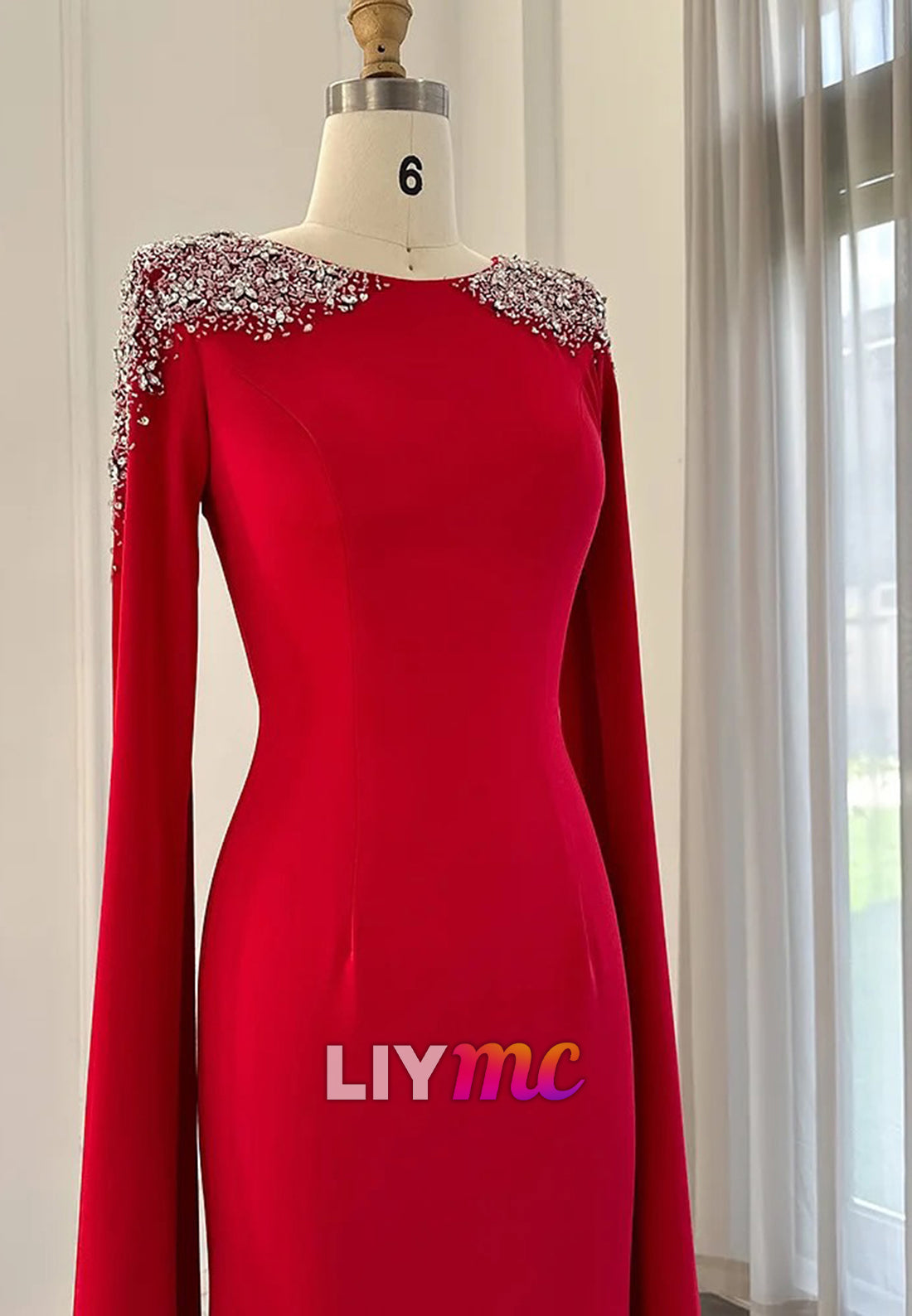 Scoop Sleek Beaded Long Sleeves Sheath Evening Dress