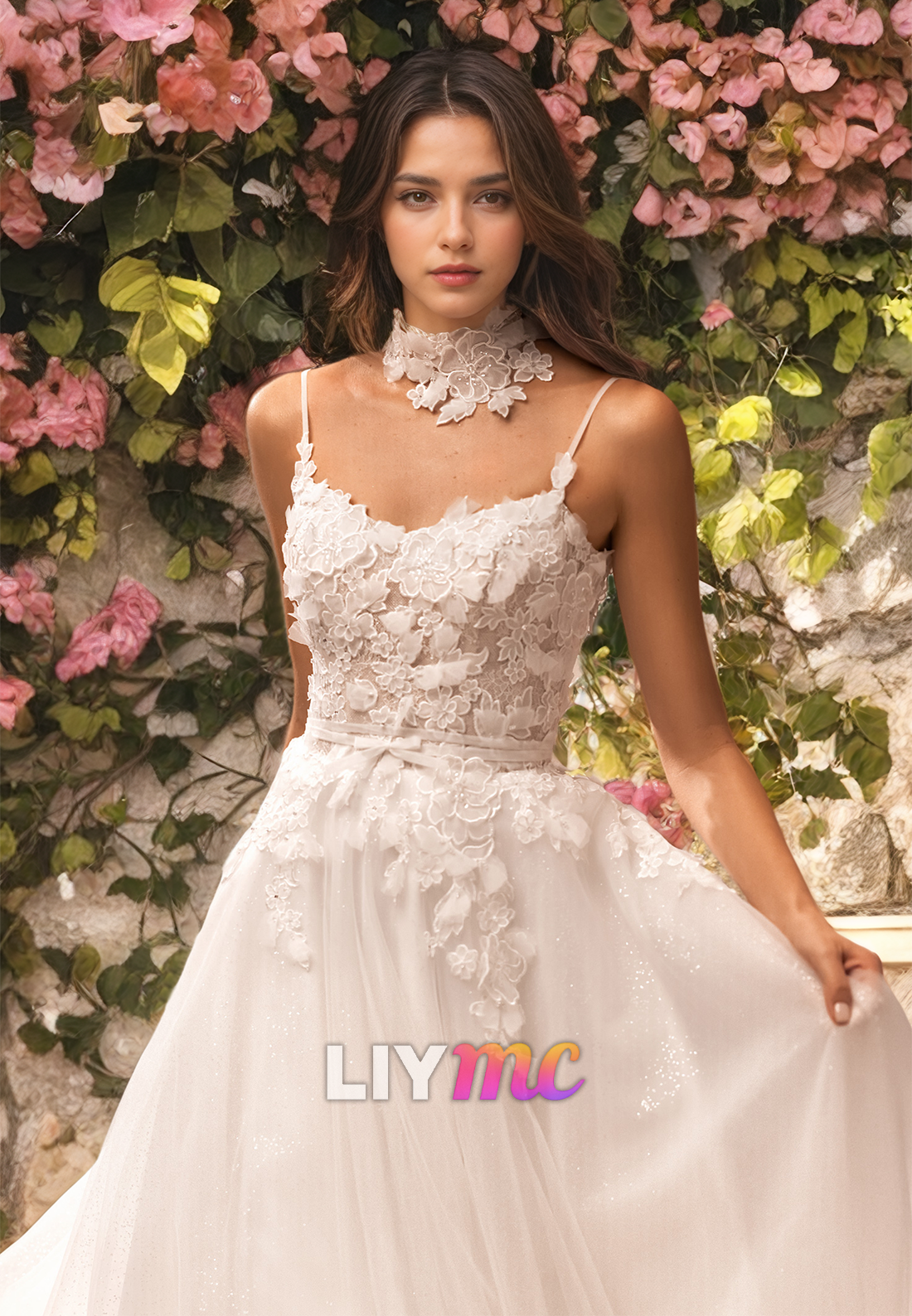 Scoop Sleeveless Floral Embellished Pleated A-Line Wedding Dress
