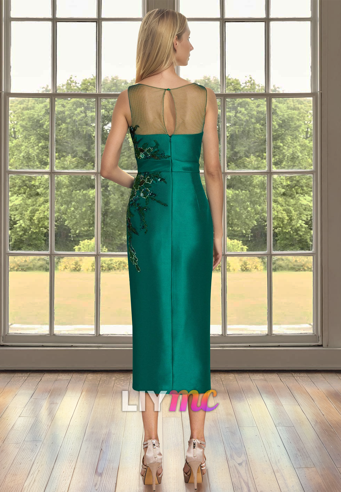 Scoop Sleeveless Pleeated Appliques Satin Sheath Mother of Bride Dress