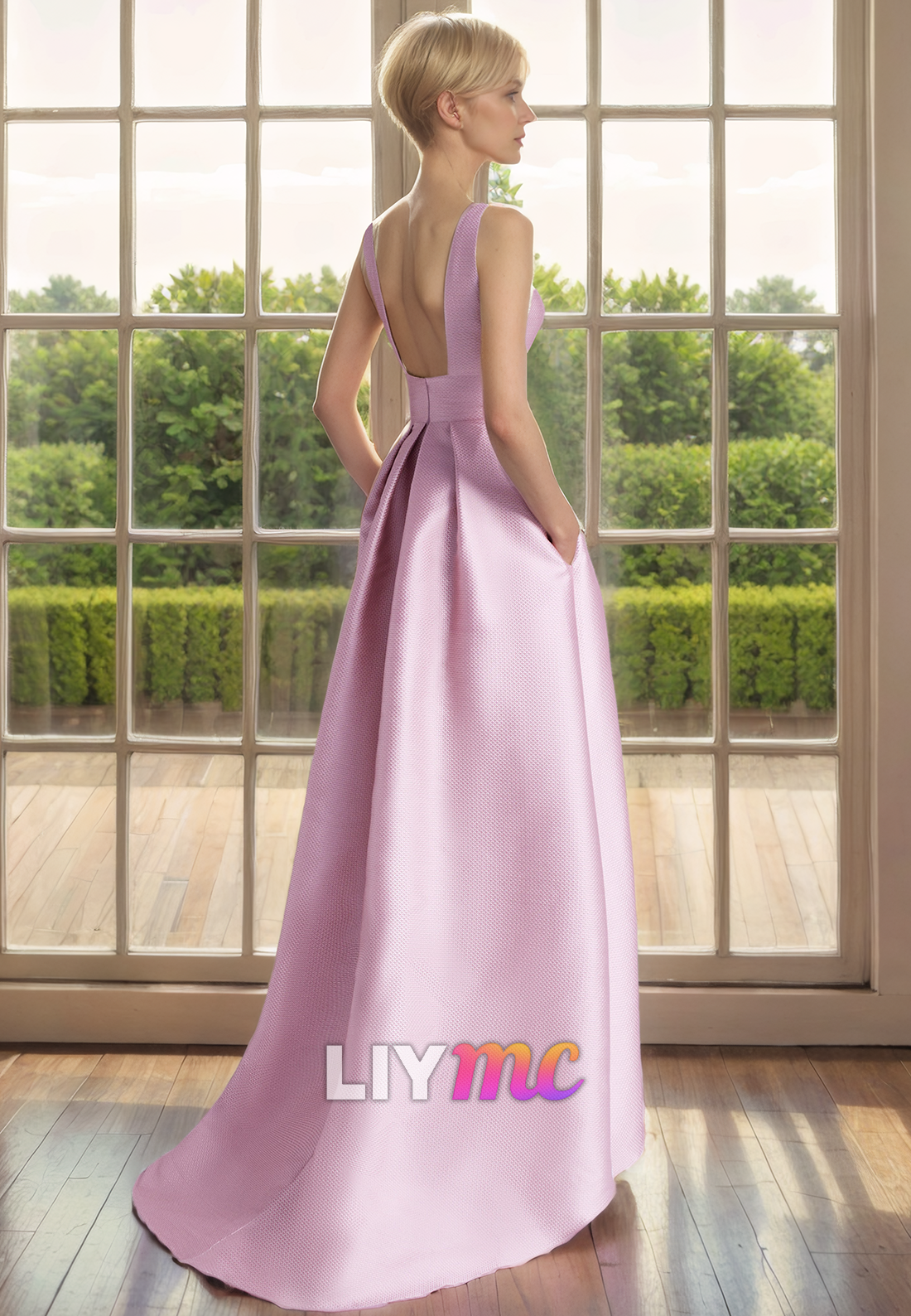 Scoop Sleeveless Sleek Satin Pleated Floral Mother of Bride Dress Cocktail Dress