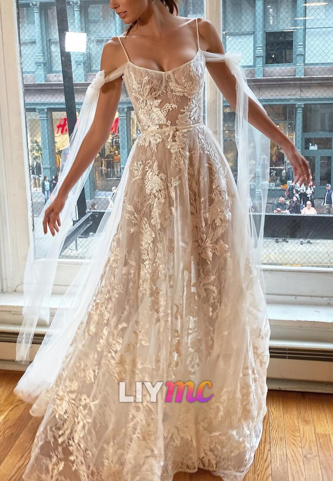 Scoop Spaghetti Straps Appliques A-Line Summer Wedding Dress