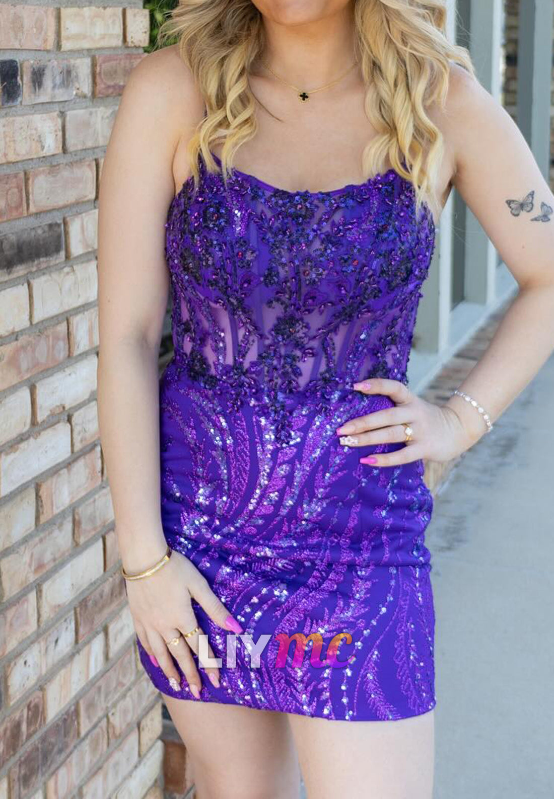 Scoop Spaghetti Straps Beaded Appliques Sheath Party Homecoming Dress