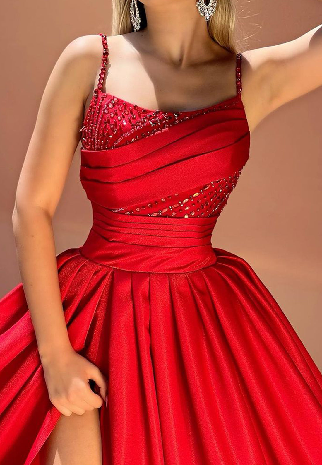 Scoop Spaghetti Straps Beaded Prom Dress Pleated A-Line Evening Dress