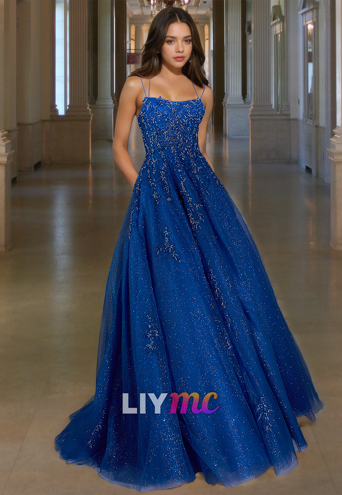 Scoop Spaghetti Straps Floral Appliques Pleated A-Line Prom Dress