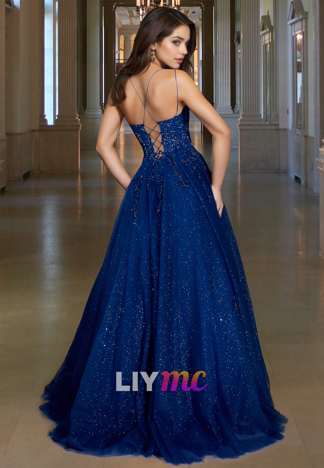 Scoop Spaghetti Straps Floral Appliques Pleated A-Line Prom Dress