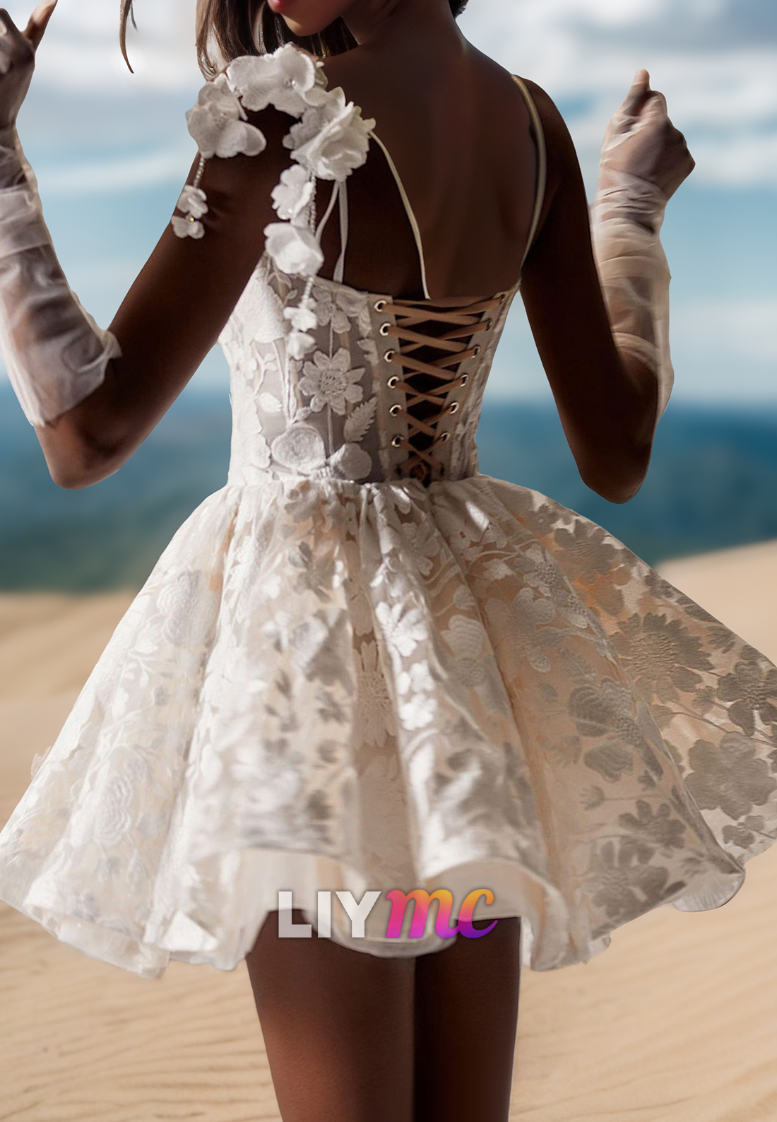 Scoop Spaghetti Straps Floral Appliques Pleated A-Line Short Beach Weding Dress