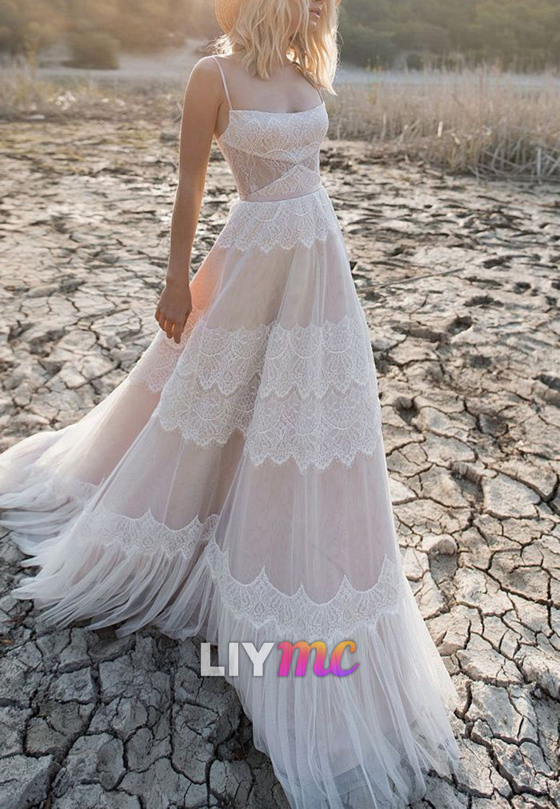 a line scoop wedding dress Corset Scoop Neck Lace A-line Wedding Dress Nude Pink
