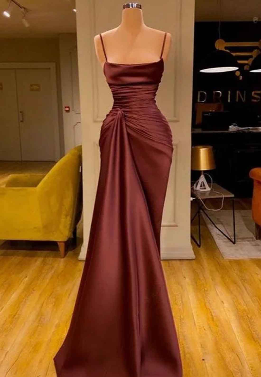 Scoop Spaghetti Straps Pleated Mermaid Prom Dress Formal Dress