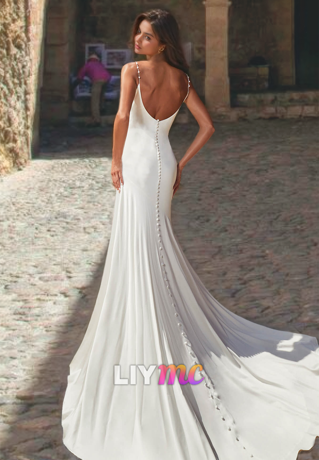 Scoop Spaghetti Straps Sleek Mermaid Beach Wedding Dress