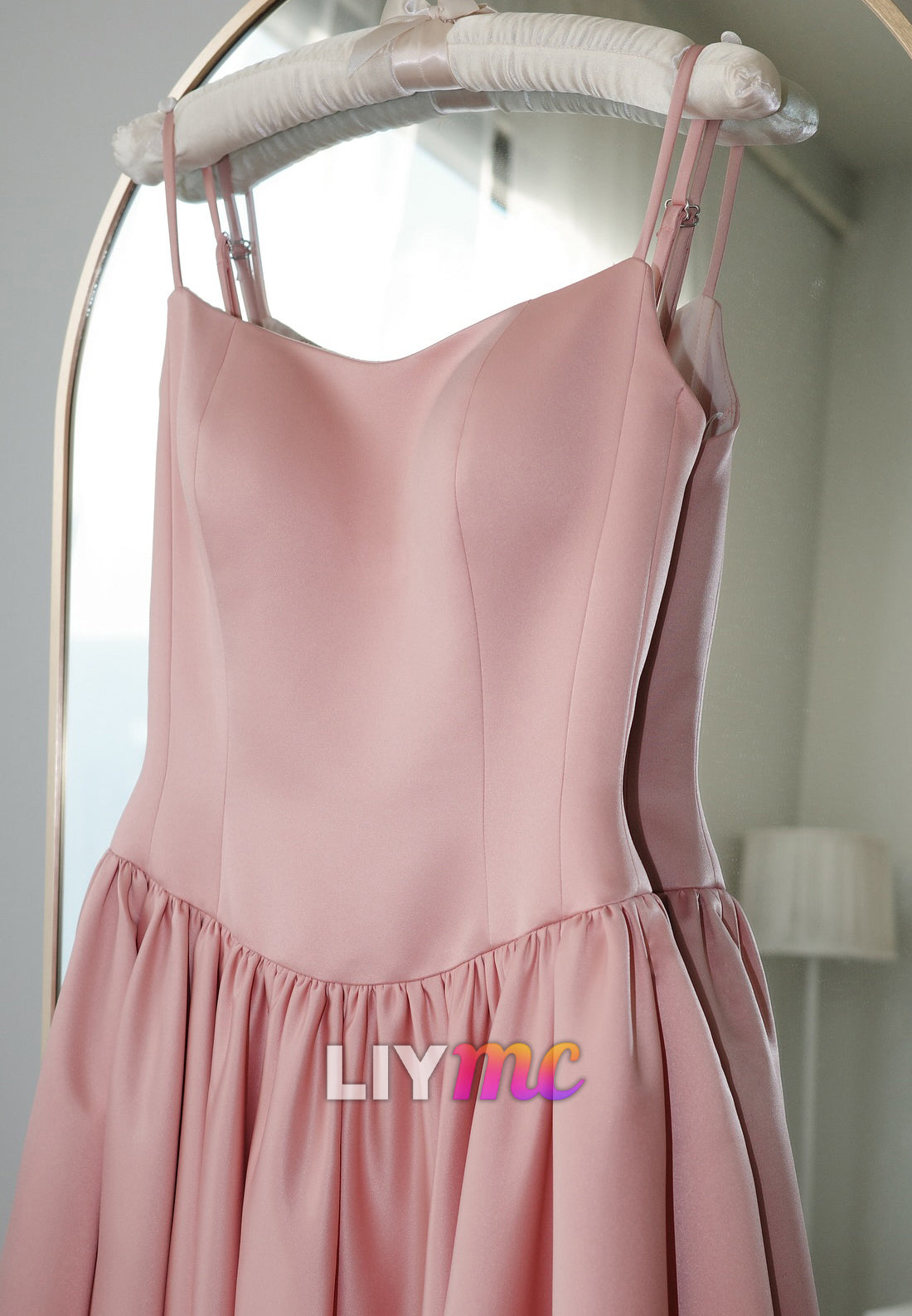 Scoop Spaghetti Straps Sleek Pleated Pink A-Line Prom Dress